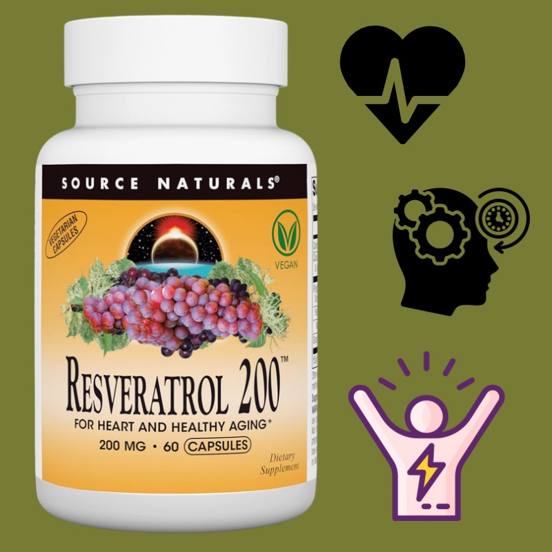 რესვერატროლი (Resveratrol 200 – Source Naturals) 200 მგ, 60 კაფსულა — ძლიერი ანტიოქსიდანტური მხარდაჭერა, გულისა და ჯანსაღი დაბერების ხელშეწყობა, უჯრედების დაცვა თავისუფალი რადიკალებისგან | ამერიკული მწვანე აფთიაქი