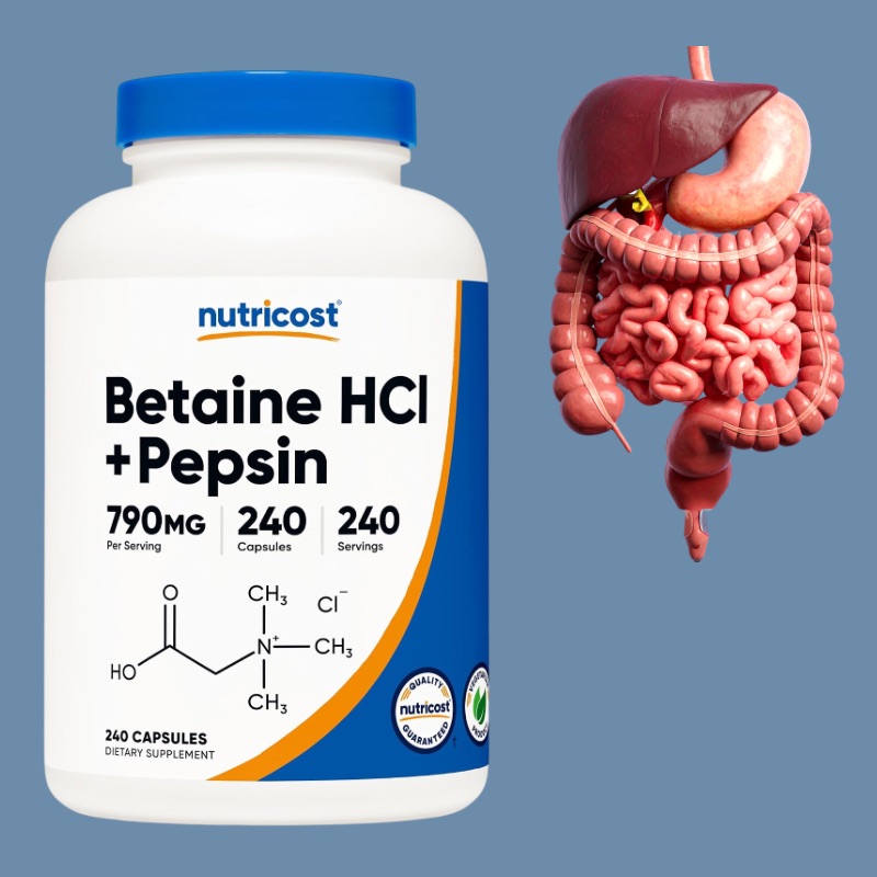 ბეტაინის ჰიდროქლორიდი + პეპსინი Nutricost 790 მგ — Betaine HCl + Pepsin 790 mg — ამერიკული მწვანე აფთიაქი